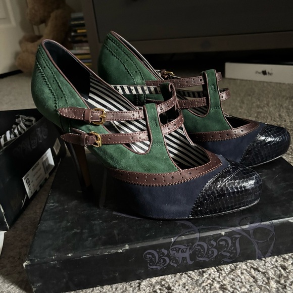 L.A.M.B. Shoes - L.A.M.B. Green and Blue Vintage Heels with Brogue Details